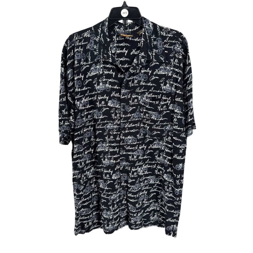 Vintage Harley Davidson Men's All Over Print Signatures Button Up Shirt Large